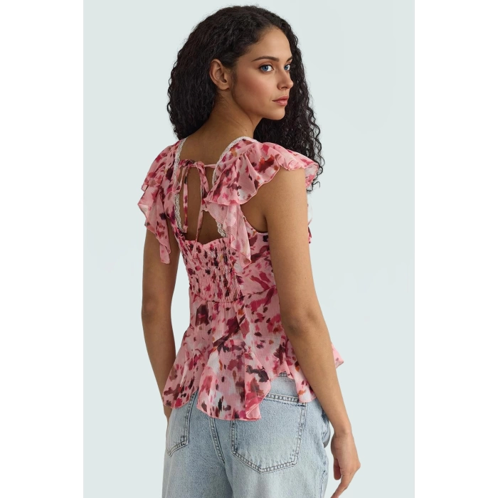 Yazlık Kolsuz Şifon Bluz V Yaka Çiçek Desenli Polyester Kumaş Premium Kalite Yüksek