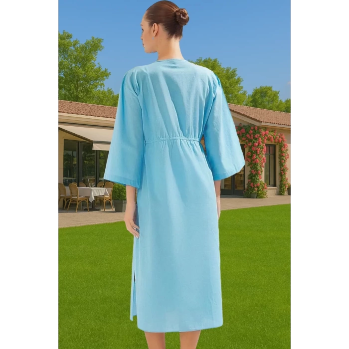 Yazlık Maxi Elbise Pamuklu Keten Görünümlü Reglan Kol Büzgü Detaylı Mükemmel Uyum Trend Tasarım