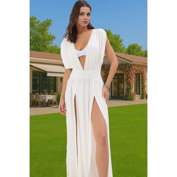 Yazlık Maxi Elbise Tek Kol Derin V Yaka Yırtmaçlı Viskoz Elastan Konforlu Kesim Modern Stil