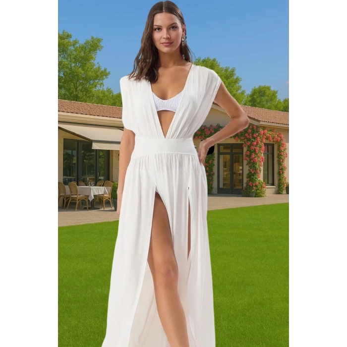 Yazlık Maxi Elbise Tek Kol Derin V Yaka Yırtmaçlı Viskoz Elastan Konforlu Kesim Modern Stil