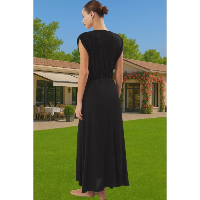 Yazlık Maxi Elbise Tek Kol Derin V Yaka Yırtmaçlı Viskoz Elastan Konforlu Kesim Modern Stil