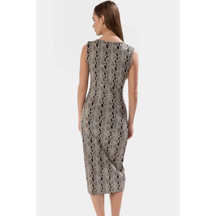 Yazlık Midi Bodycon Elbise Örme Kumaş Animal Desen Kare Yaka Trend Tasarım