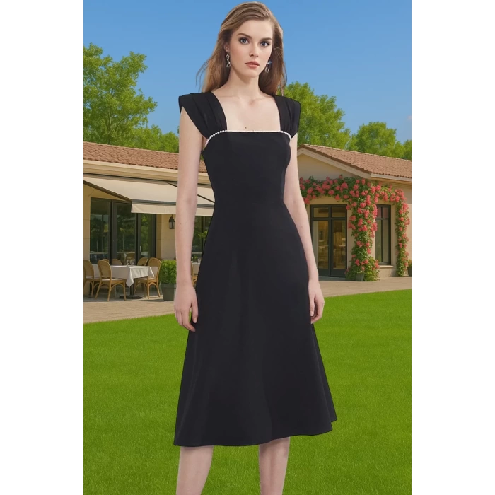 Yazlık Midi Boy İnci Detaylı Abiye Elbise Polyester Elastan Kumaş Modern Stil Uzun Ömürlü