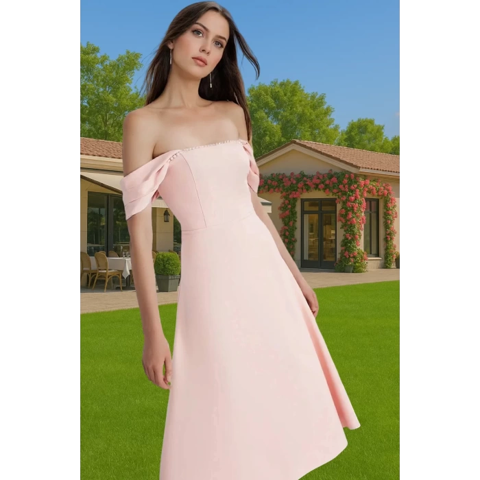 Yazlık Midi Boy İnci Detaylı Abiye Elbise Polyester Elastan Kumaş Modern Stil Uzun Ömürlü