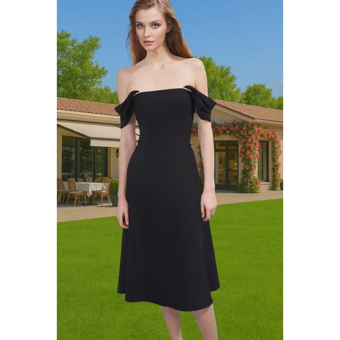 Yazlık Midi Boy İnci Detaylı Abiye Elbise Polyester Elastan Kumaş Modern Stil Uzun Ömürlü