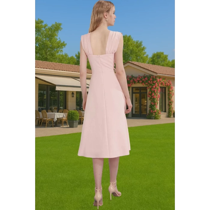 Yazlık Midi Boy İnci Detaylı Abiye Elbise Polyester Elastan Kumaş Modern Stil Uzun Ömürlü