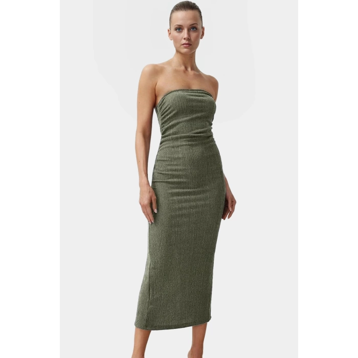 Yazlık Midi Elbise Kolsuz Bodycon Polyester Örme Kumaş Uzun Ömürlü Şık Görünüm