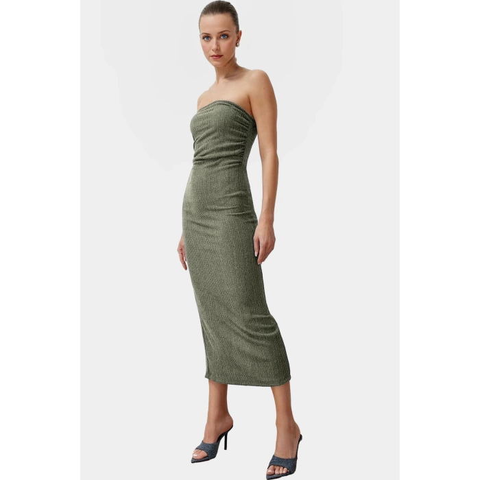 Yazlık Midi Elbise Kolsuz Bodycon Polyester Örme Kumaş Uzun Ömürlü Şık Görünüm