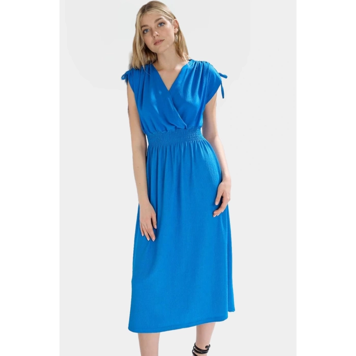 Yazlık Midi Elbise Örme Polyester Kumaş Beli Lastikli A line Premium Kalite Özenle Seçilmiş