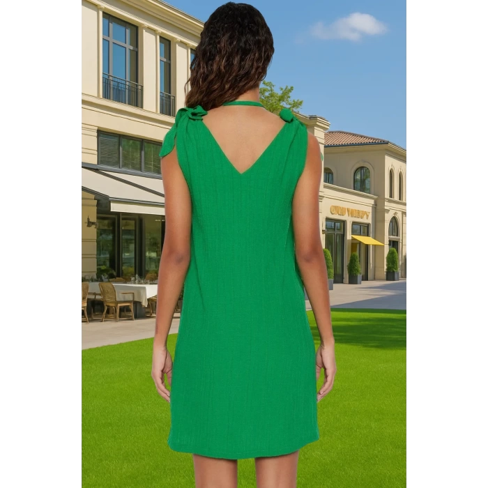 Yazlık Mini Dokuma Bağlamalı Elbise Rahat Kalıp Polyester Plaj Premium Kalite Mükemmel Uyum