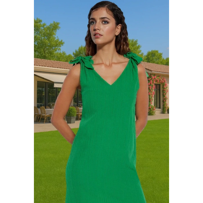 Yazlık Mini Dokuma Bağlamalı Elbise Rahat Kalıp Polyester Plaj Premium Kalite Mükemmel Uyum