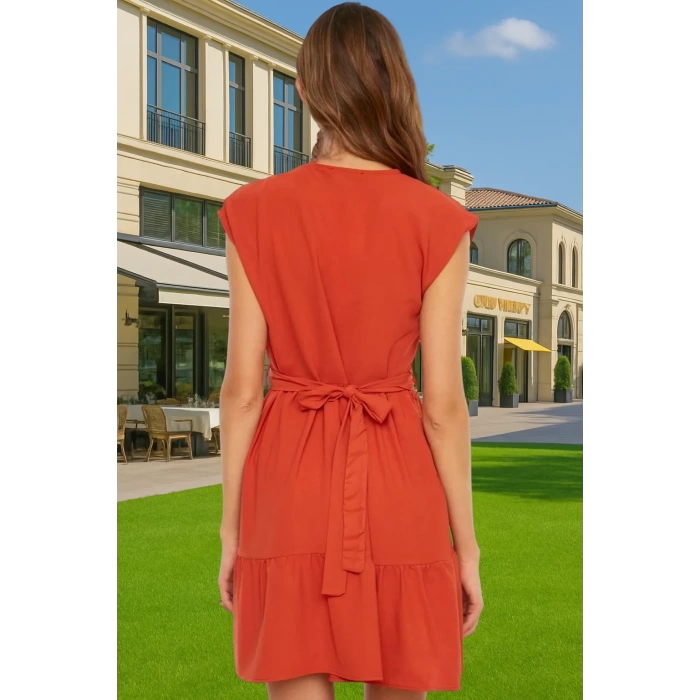 Yazlık Mini Dokuma Elbise Bel Kuşağı Detaylı Polyester Kumaş Günlük Zarifane Tasarım Konforlu Kesim