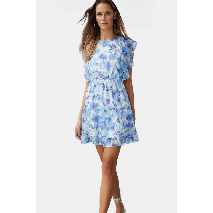 Yazlık Mini Elbise Çiçek Desen Rahat Şifon Kumaş Fırfırlı Etek Modern Stil Dayanıklı Malzeme