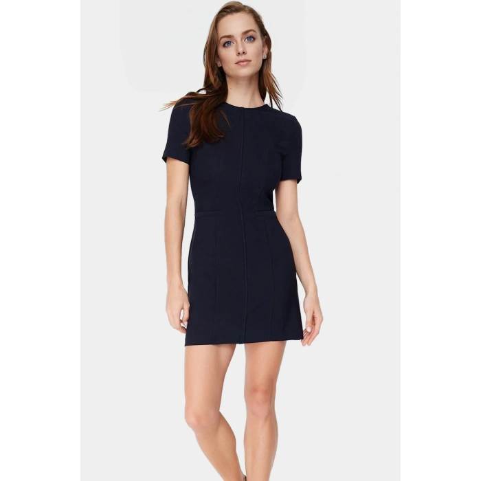 Yazlık Mini Elbise Nefes Alan Polyester Bodycon Bisiklet Yaka Kısa Kollu Cepsiz
