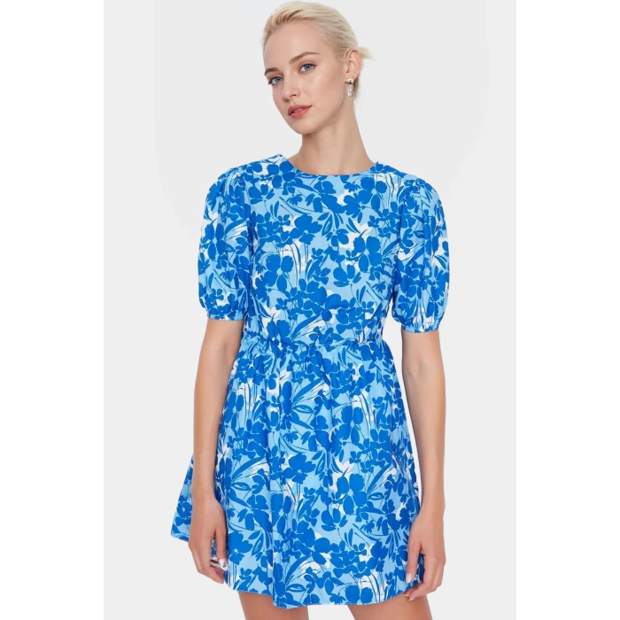 Yazlık Mini Elbise Poplin Dokuma Çiçek Desenli Bisiklet Yaka Yüksek Kalite Özenle Seçilmiş