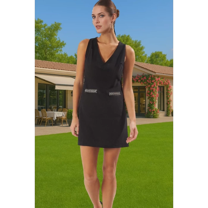 Yazlık Mini Elbise Taş Detaylı V Yaka Shift Kalıp Polyester Elastan Yüksek Kalite Mükemmel Uyum