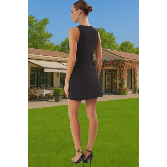 Yazlık Mini Elbise Taş Detaylı V Yaka Shift Kalıp Polyester Elastan Yüksek Kalite Mükemmel Uyum