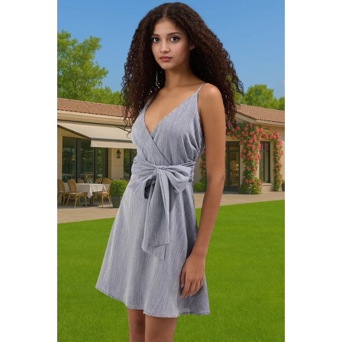 Yazlık Mini Pamuklu Keten Elbise V Yaka Askılı Bel Kuşağı Günlük Premium Kalite Modern Stil