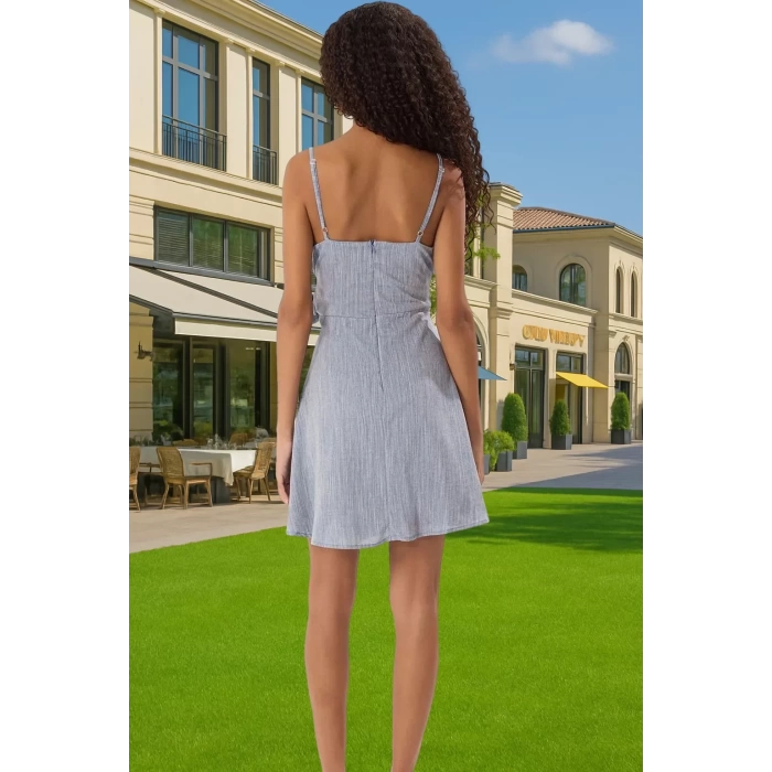 Yazlık Mini Pamuklu Keten Elbise V Yaka Askılı Bel Kuşağı Günlük Premium Kalite Modern Stil