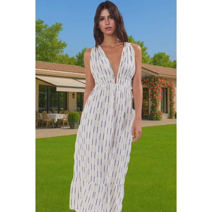 Yazlık Müslin Pamuk Maxi Elbise V Yaka Çizgili Desen Kaliteli İşçilik Yüksek Kalite Kaliteli İşçilik