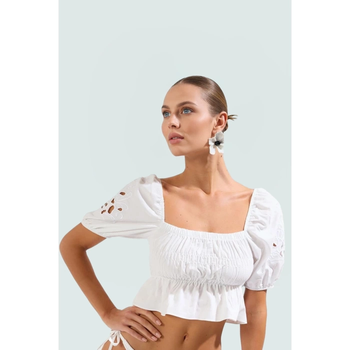 Yazlık Nakışlı Fitted Plaj Bluz Terrycotton Kumaş Premium Kalite Trend Tasarım Yüksek