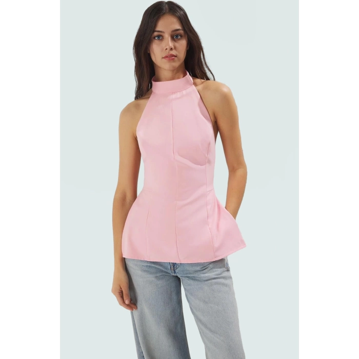 Yazlık Nefes Alan Polyester Elastan Bluz Dik Yaka Fitted Kolsuz Mükemmel Uyum