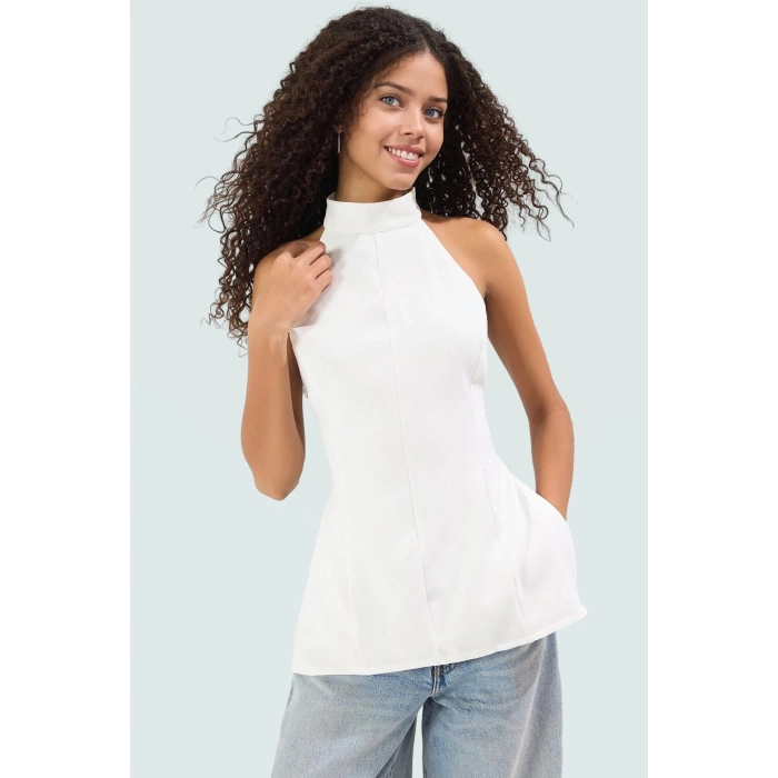 Yazlık Nefes Alan Polyester Elastan Bluz Dik Yaka Fitted Kolsuz Mükemmel Uyum