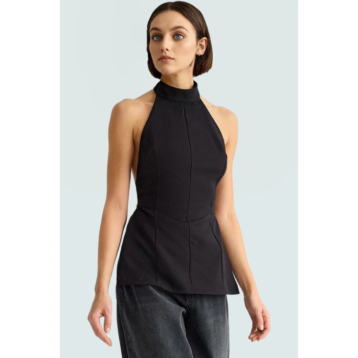 Yazlık Nefes Alan Polyester Elastan Bluz Dik Yaka Fitted Kolsuz Mükemmel Uyum