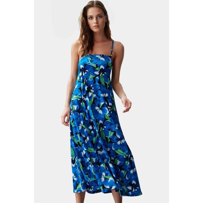 Yazlık Örme Maxi Elbise A Line Çok Çiçek Baskı Rahat ve Şık Modern Stil