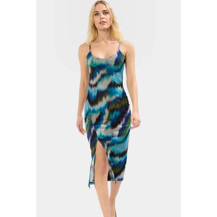 Yazlık Örme Midi Elbise V Yaka Bodycon Tül Soyut Desen Modern Stil Özel Tasarım