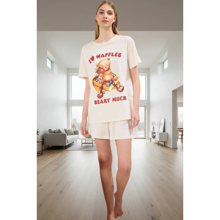 Yazlık Örme Pamuklu Pijama Takımı; Ayıcıklı Desen Renk Rahat Kalıp Şık Görünüm Modern Stil