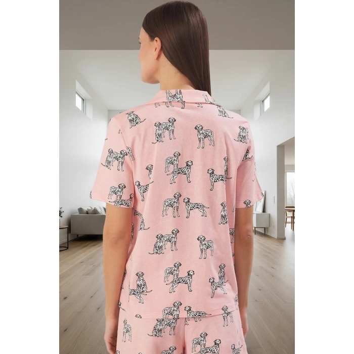 Yazlık Örme Pijama Takımı Köpek Desenli Pamuklu Regular Fit Trend Tasarım Günlük Kullanım İçin