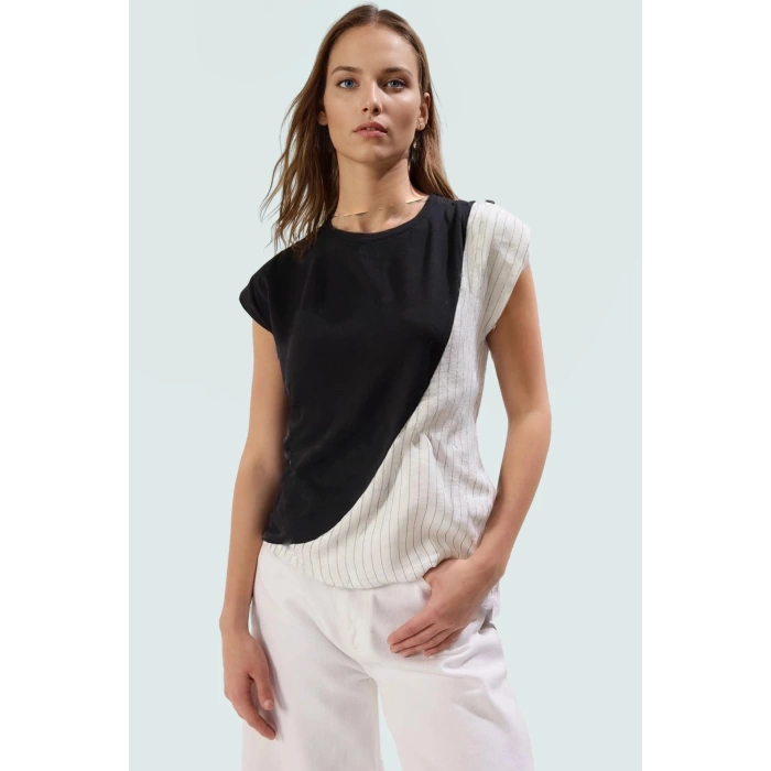 Yazlık Pamuklu Örme Bluz Rahat Kalıp Bisiklet Yaka Günlük Stil Zarifane Tasarım Trend