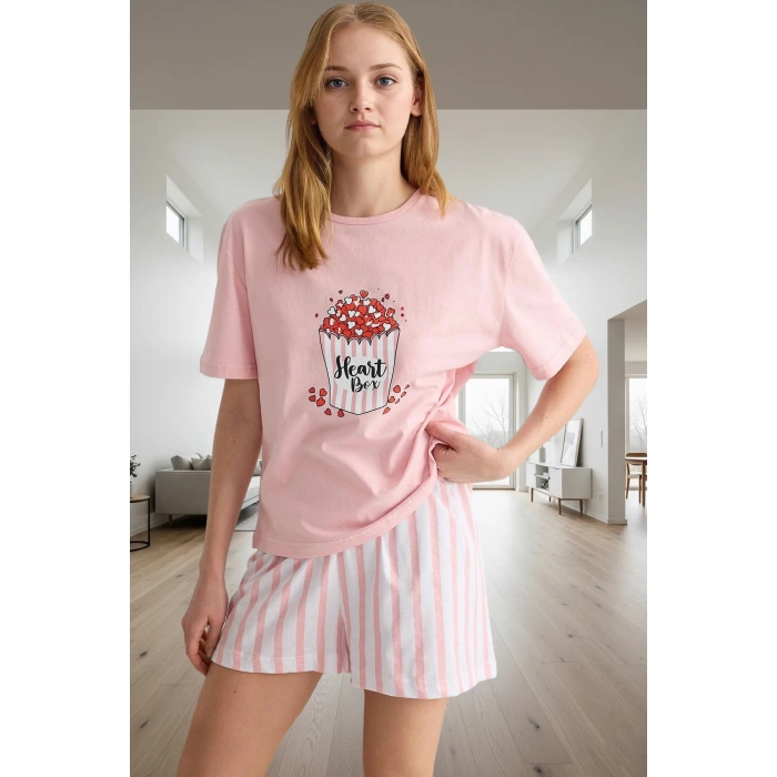 Yazlık Pamuklu Pijama Takımı Kalpli Çizgiler Regular Kalıp Rahat Uyku Premium Kalite