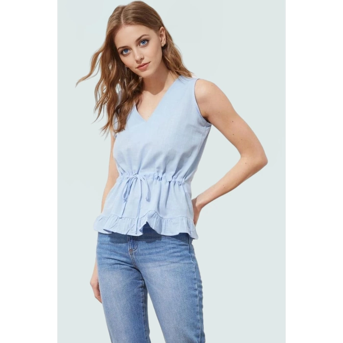Yazlık Pamuklu Polyester V Yaka Belden Bağlamalı Bluz Günlük Kullanım İçin Modern Stil Mükemmel Uyum