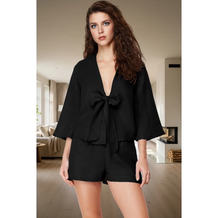 Yazlık Pijama Takımı Müslin Kumaş Şal Yaka Truvakar Kol Rahat Kesim Ve Şık