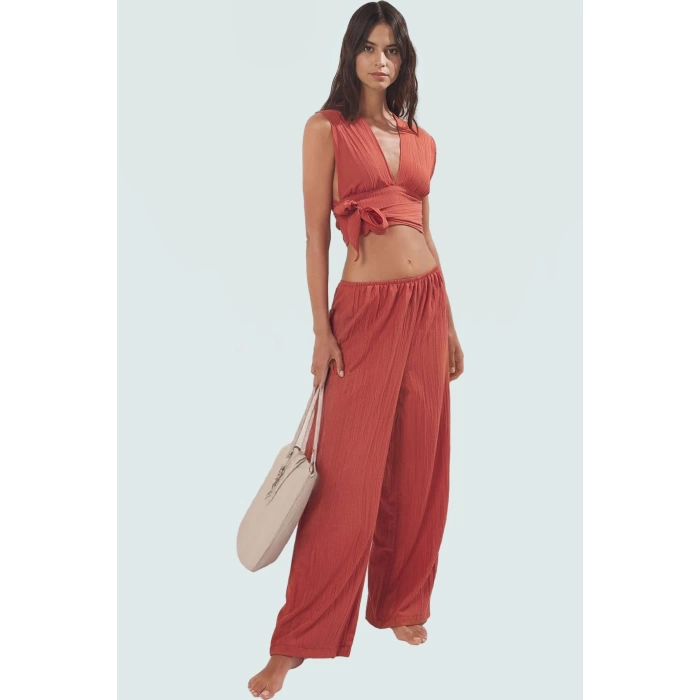 Yazlık Plaj Bluz Pantolon Takımı Dokuma Viskoz Polyester Oversize Rahat Kullanım
