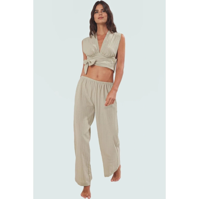 Yazlık Plaj Bluz Pantolon Takımı Dokuma Viskoz Polyester Oversize Rahat Kullanım