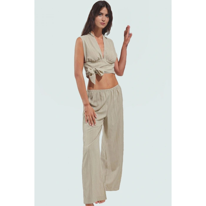 Yazlık Plaj Bluz Pantolon Takımı Dokuma Viskoz Polyester Oversize Rahat Kullanım