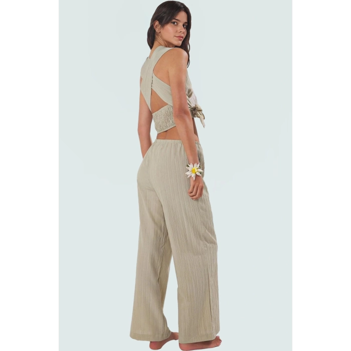 Yazlık Plaj Bluz Pantolon Takımı Dokuma Viskoz Polyester Oversize Rahat Kullanım