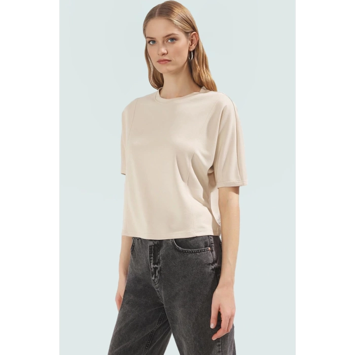 Yazlık Rahat Crop Bluz Scuba Kumaş Bisiklet Yaka Regular Kalıp Kullanım Premium Kalite
