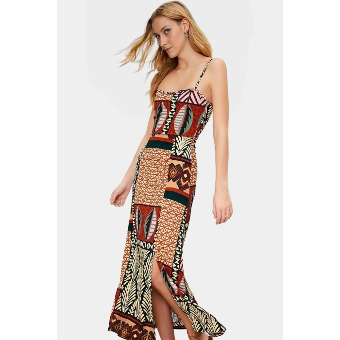 Yazlık Rahat Etnik Desenli Midi Elbise Polyester Kumaş A Line Kalıp Günlük Kullanım İçin