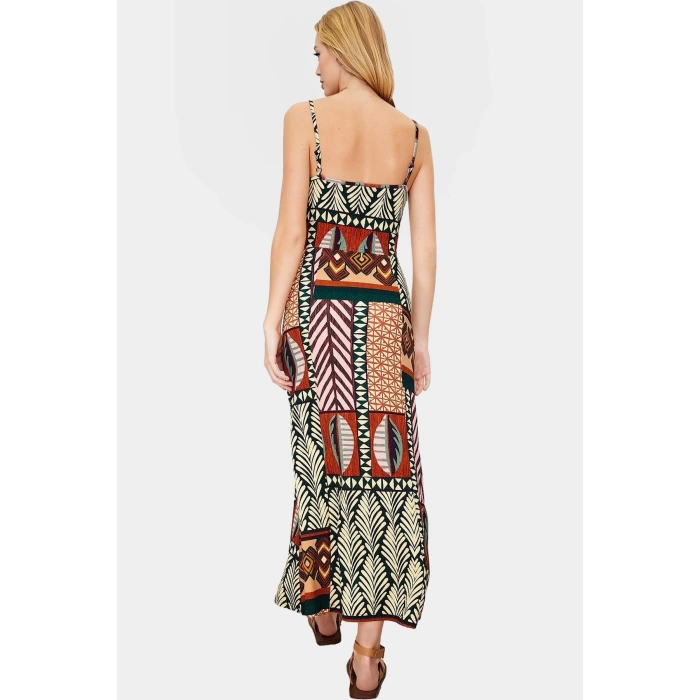 Yazlık Rahat Etnik Desenli Midi Elbise Polyester Kumaş A Line Kalıp Günlük Kullanım İçin