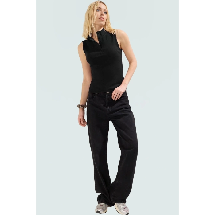 Yazlık Rahat Modal Polyester Bluz Dik Yaka Fitted Kolsuz Zarifane Tasarım
