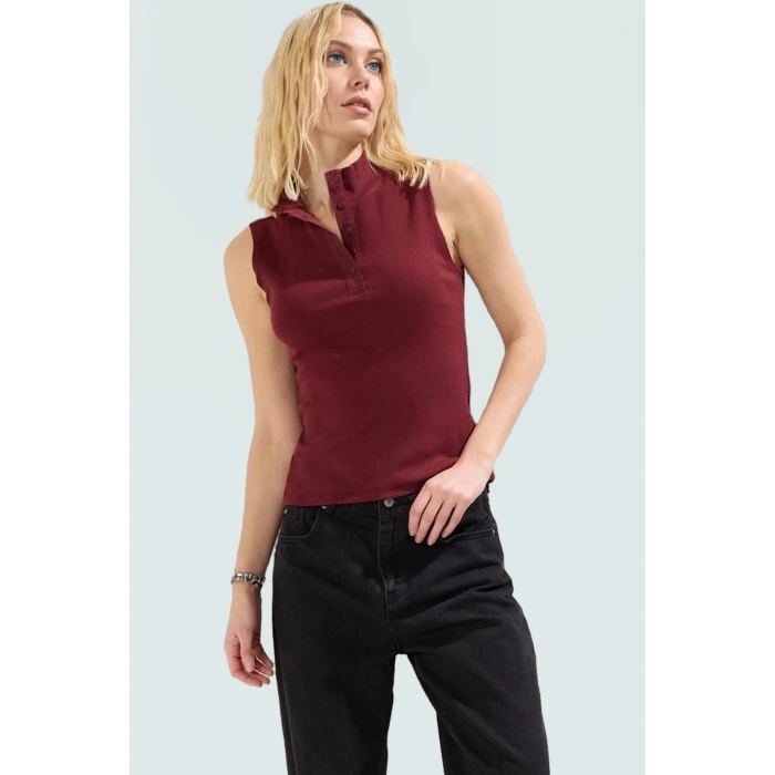 Yazlık Rahat Modal Polyester Bluz Dik Yaka Fitted Kolsuz Zarifane Tasarım