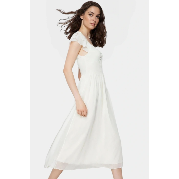Yazlık Şifon Midi Elbise Büzgülü Kollu Skater Kalıp Astarlı Modern Stil Rahat Ve Şık