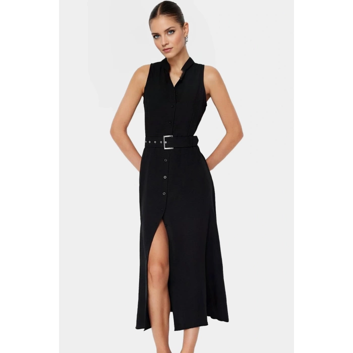 Yazlık Şık Kemerli Maxi Elbise Rahat Dokuma Polyester Kumaş Görünüm Profesyonel