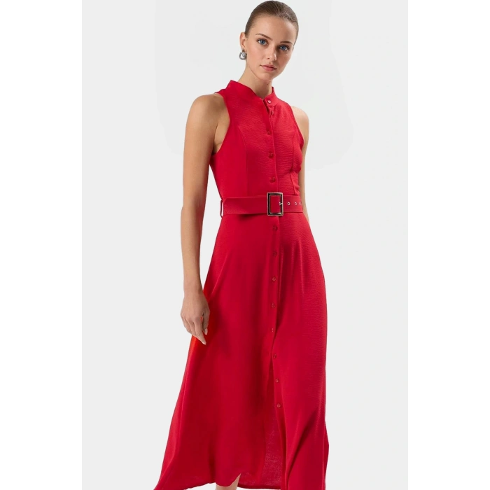 Yazlık Şık Kemerli Maxi Elbise Rahat Dokuma Polyester Kumaş Görünüm Profesyonel
