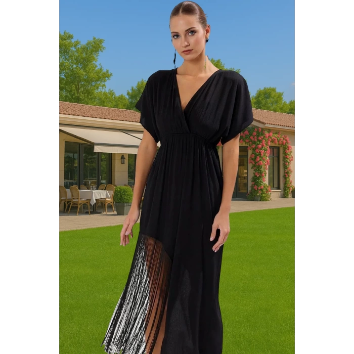 Yazlık Şık Püsküllü Midi Elbise Pamuklu Viskoz Kumaş Plaj ve Günlük Modern Stil Seçkin Malzeme