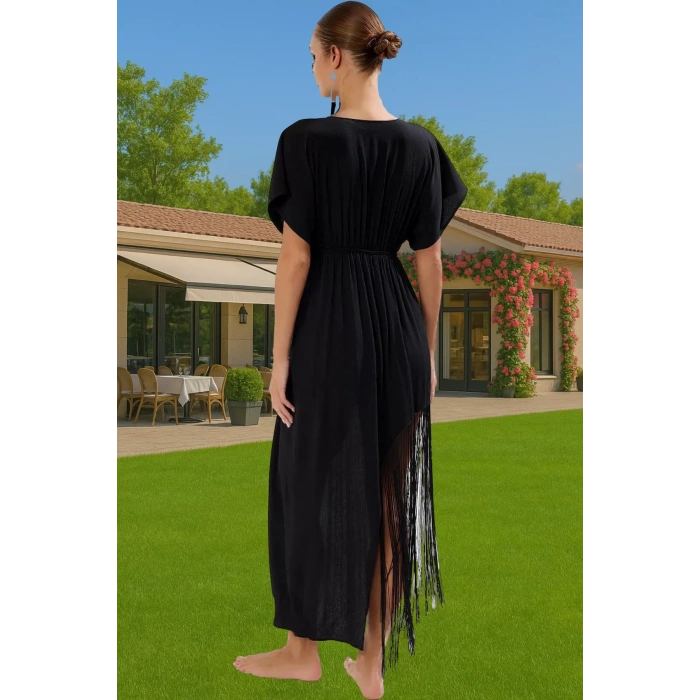 Yazlık Şık Püsküllü Midi Elbise Pamuklu Viskoz Kumaş Plaj ve Günlük Modern Stil Seçkin Malzeme